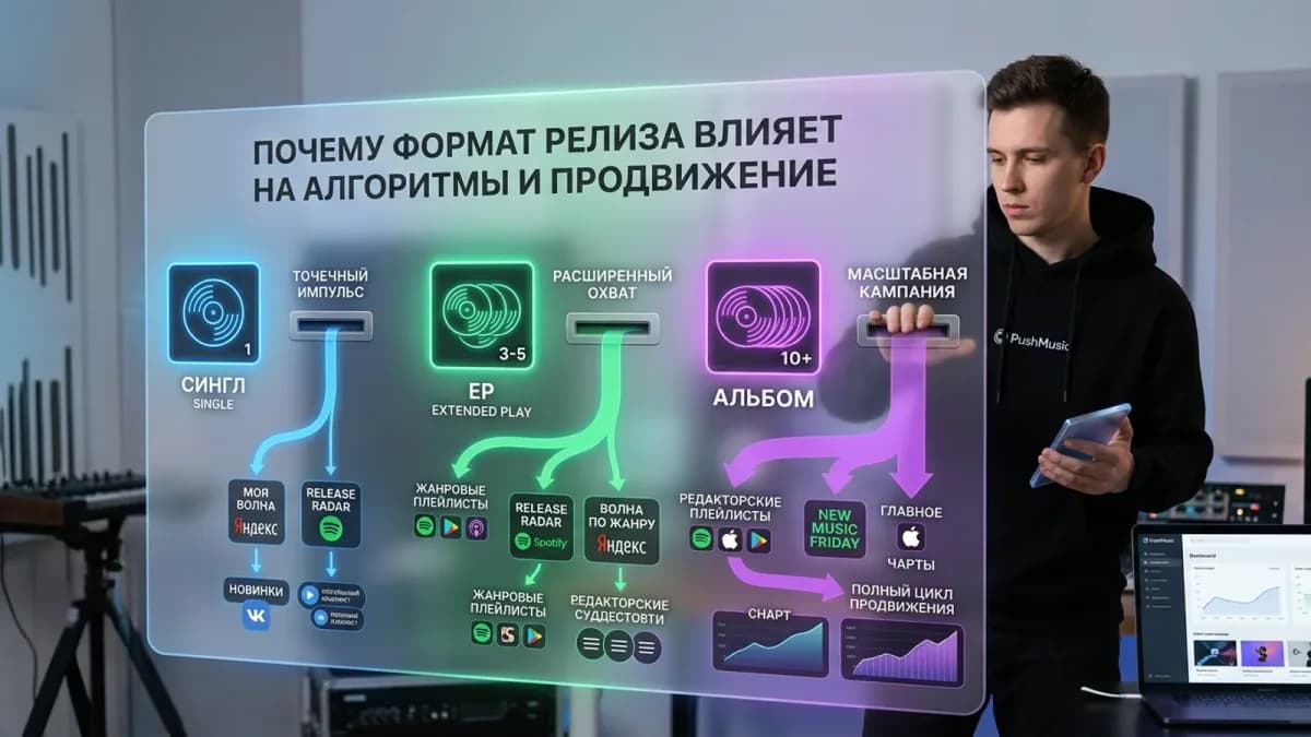 Почему формат релиза влияет на алгоритмы: сингл даёт точечный импульс, EP — расширенный охват, альбом — масштабную кампанию
