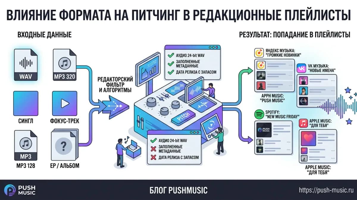 Влияние формата на питчинг в редакционные плейлисты: качественный WAV, заполненные метаданные и дата релиза с запасом решают попадание