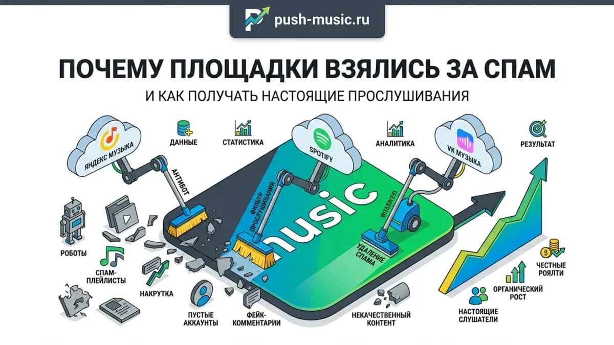 Почему площадки взялись за спам: Яндекс Музыка, Spotify и VK Музыка вычищают ботов, накрутку и фейк-комментарии ради честных роялти и органического роста