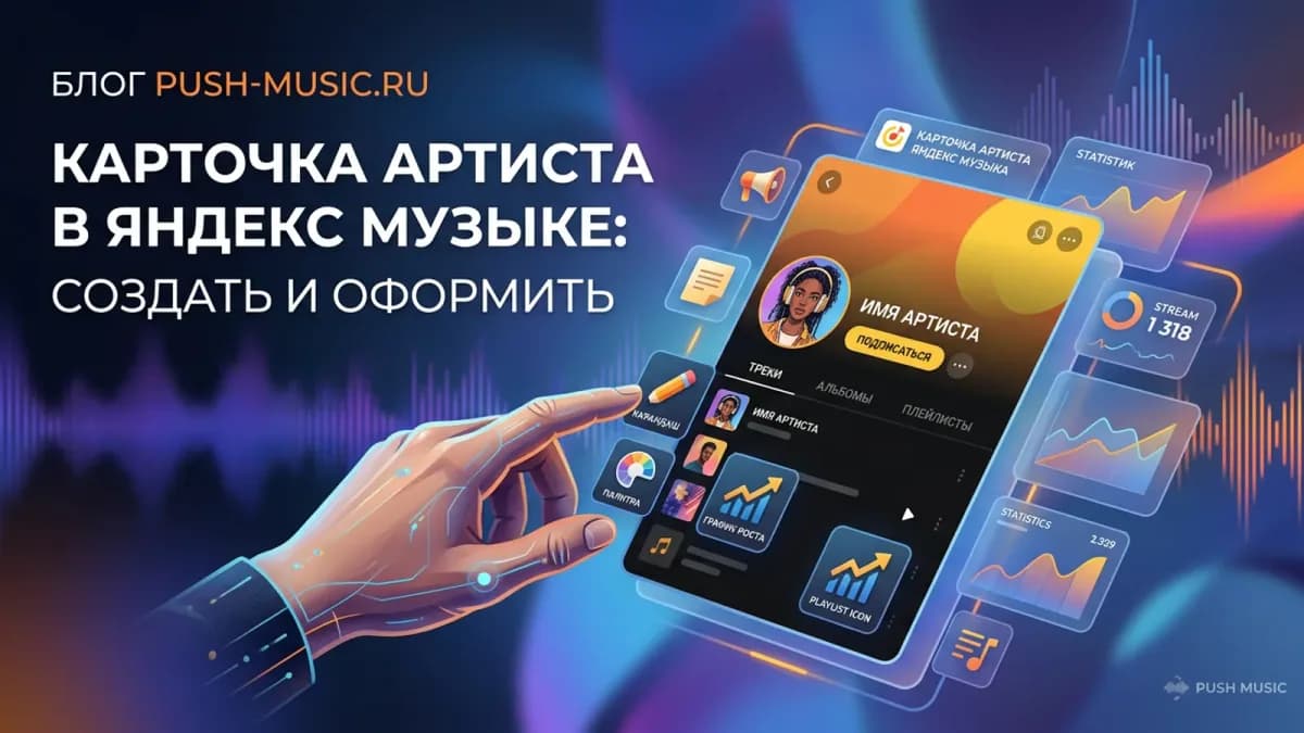 Карточка артиста в Яндекс Музыке на экране смартфона: фото, имя исполнителя, статистика прослушиваний и кнопка подписки