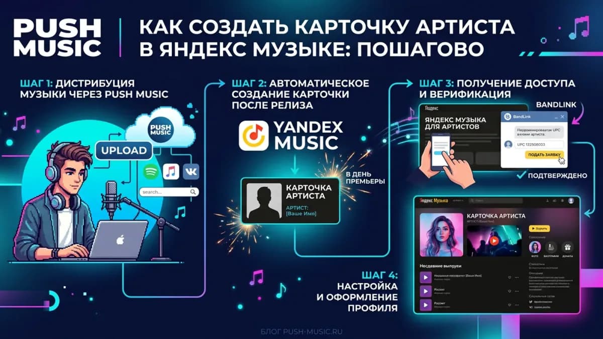 Как создать карточку артиста в Яндекс Музыке пошагово: дистрибуция релиза, автоматическое создание профиля, получение доступа и верификация, оформление