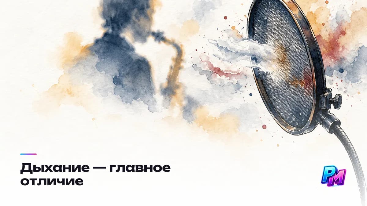 Дыхание — главное отличие живых духовых: фразы по четыре-восемь тактов, атака язычком и спад вместо обрыва, а между фразами слышна тишина