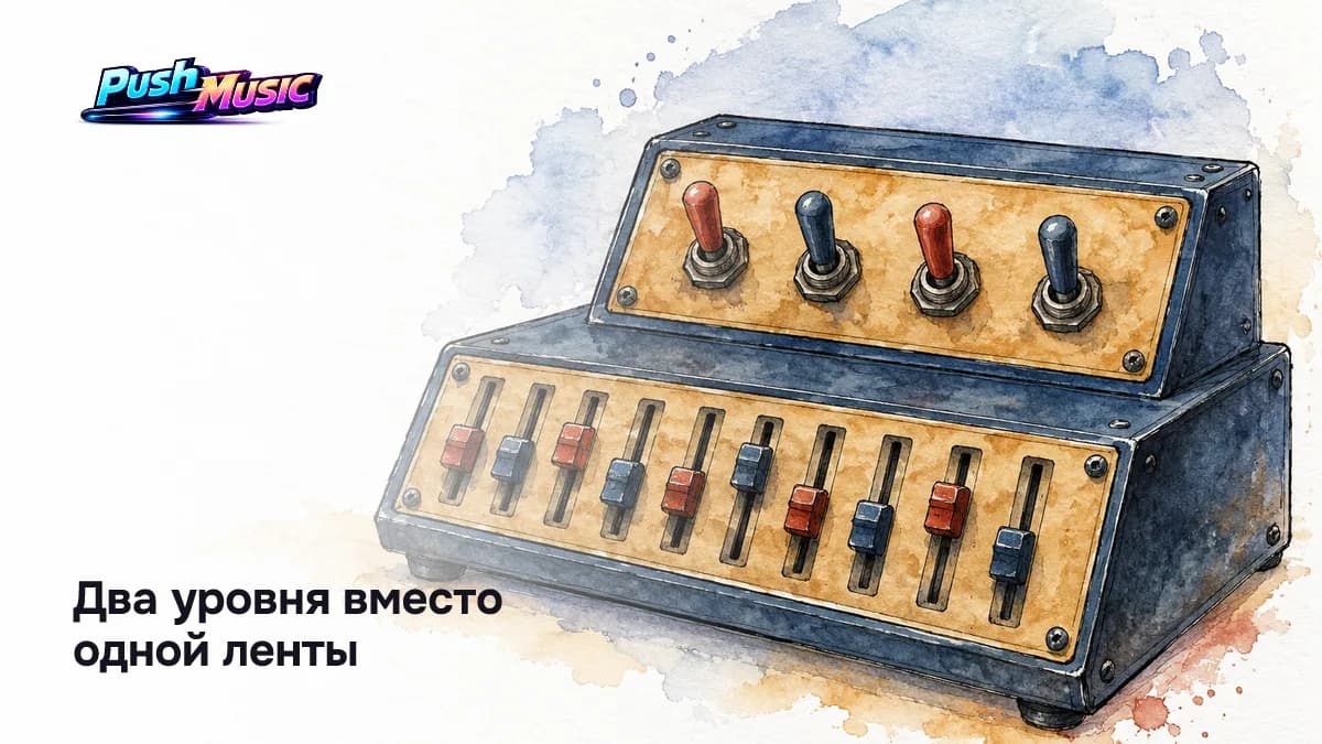 Два уровня работы в FL Studio: короткие паттерны с ритмом и аккордами и плейлист, где из них собирается структура трека