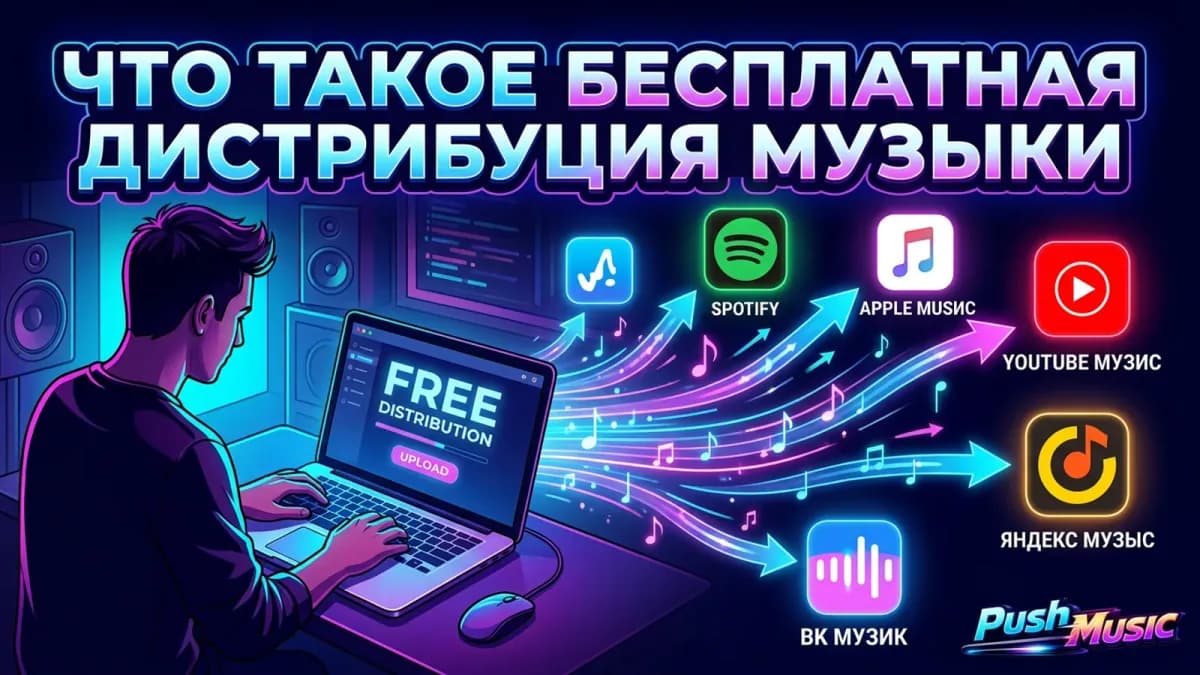 Что такое бесплатная дистрибуция музыки: музыкант загружает трек, и он расходится на Spotify, Apple Music, Яндекс Музыку, VK Музыку и YouTube Music