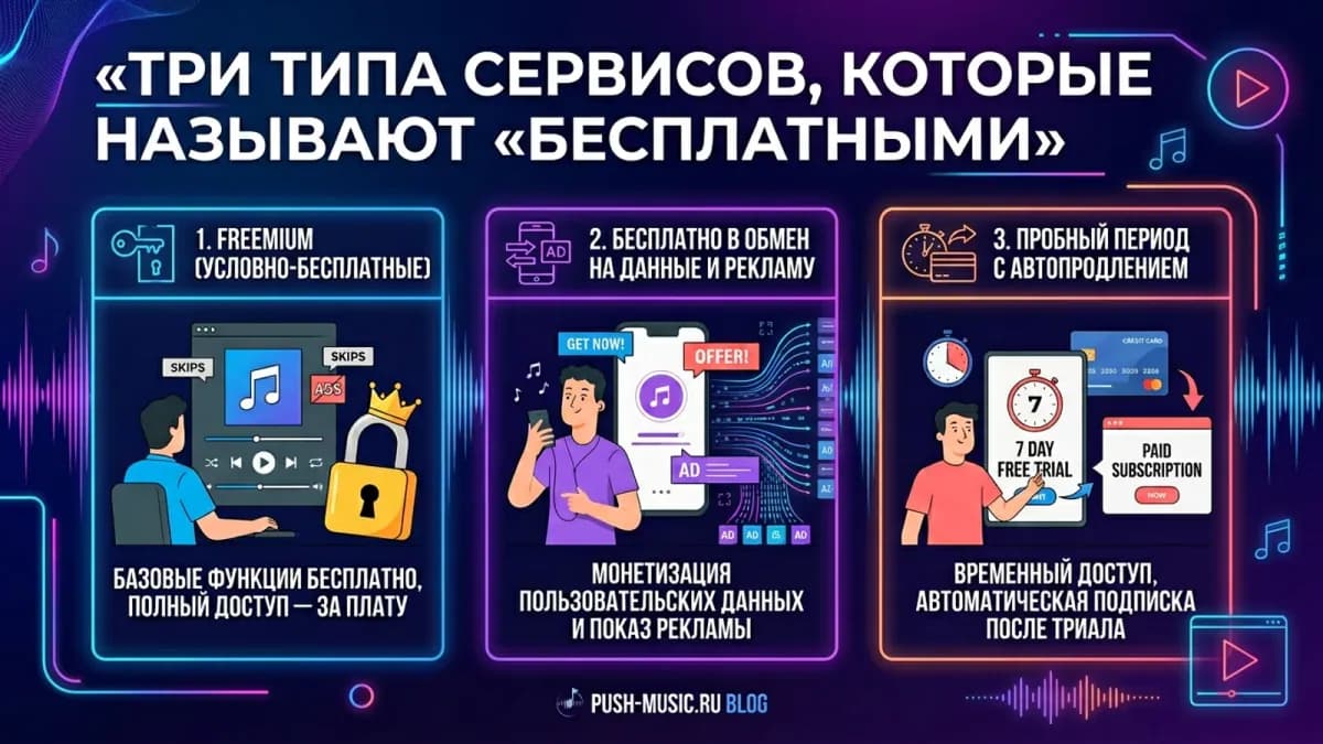 Три типа сервисов, которые называют «бесплатными»: freemium с платным полным доступом, бесплатно в обмен на данные и рекламу, пробный период с автопродлением