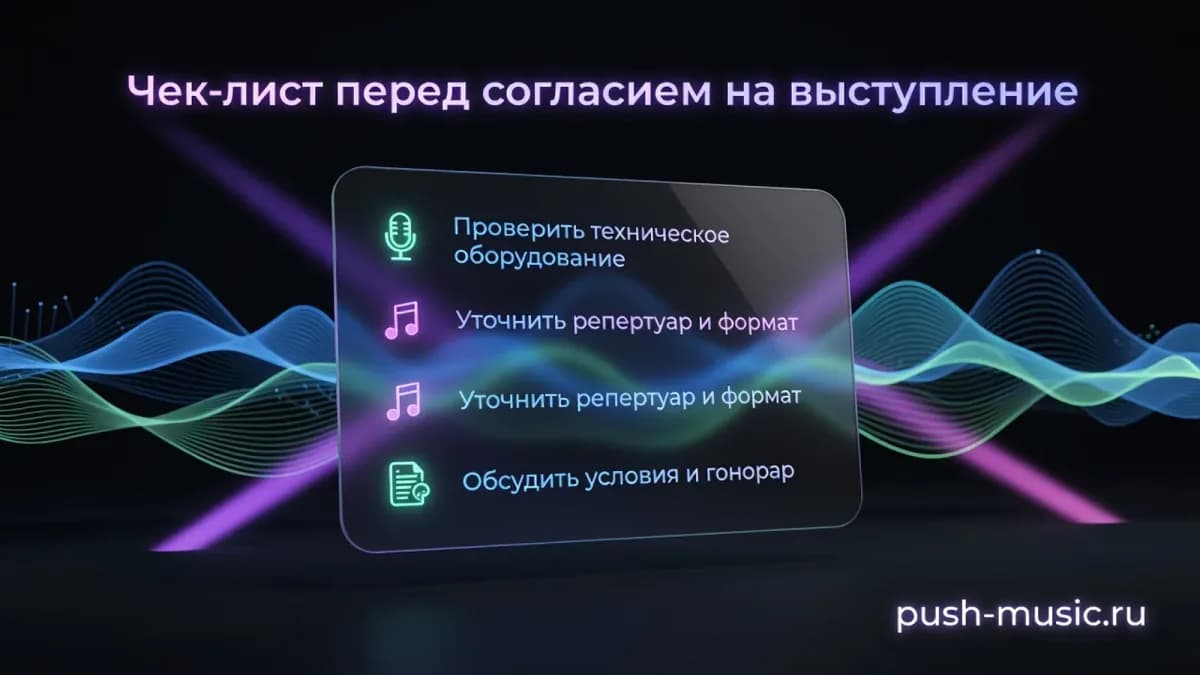 Чек-лист перед согласием на выступление: условия и гонорар, техническое оборудование, репертуар и формат