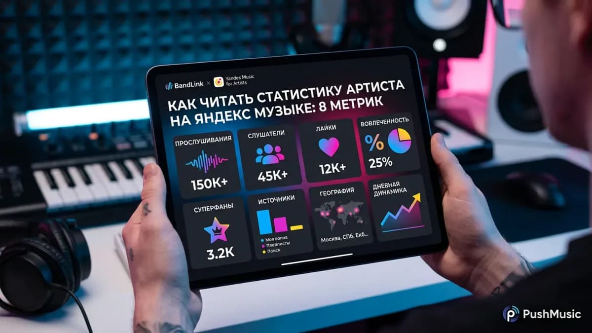 Раздел «Статистика» в кабинете артиста на music.yandex.ru: панель с данными по трекам, альбомам и EP