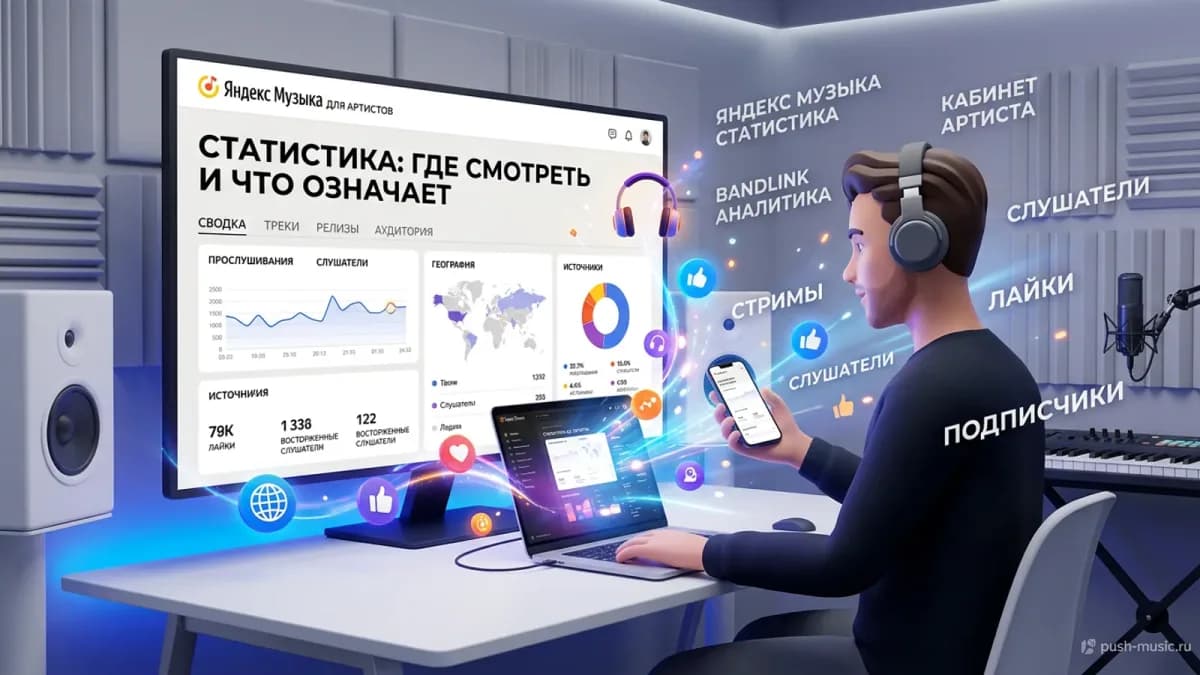 Метрики кабинета артиста Яндекс Музыки: прослушивания, процент дослушиваний, источники, уникальные слушатели и гео