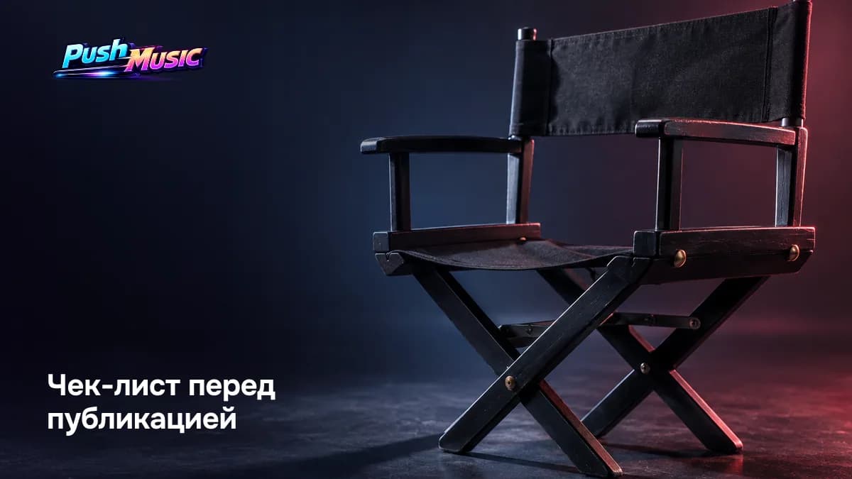 Чек-лист перед публикацией ИИ-клипа: единый стиль сцен, одинаковое описание героя, склейки по долям такта