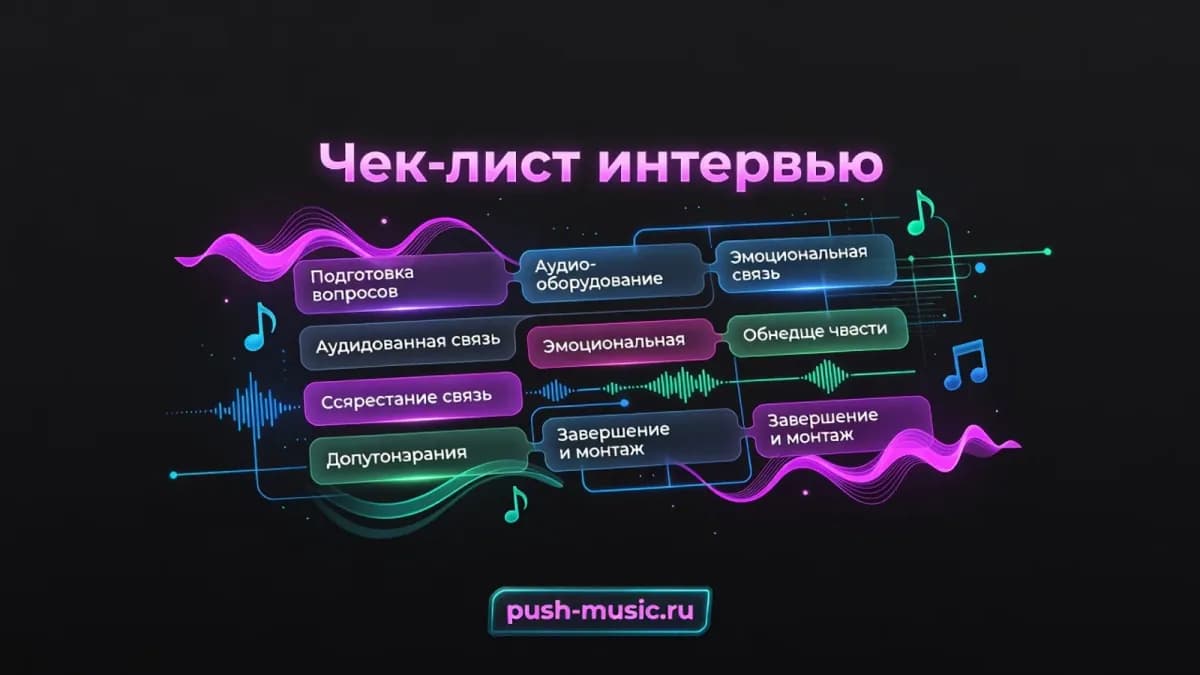 Чек-лист интервью для музыканта: подготовка вопросов, аудиооборудование, эмоциональная связь, завершение и монтаж