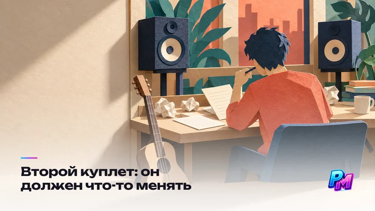 Второй куплет должен что-то менять: новая деталь, другой угол или следующий момент времени — пересказ первого куплета другими словами слушатель считывает сразу