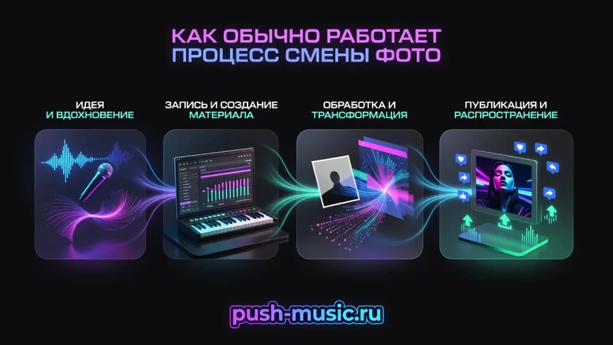 Как работает процесс смены фото артиста: идея, запись и создание материала, обработка, публикация