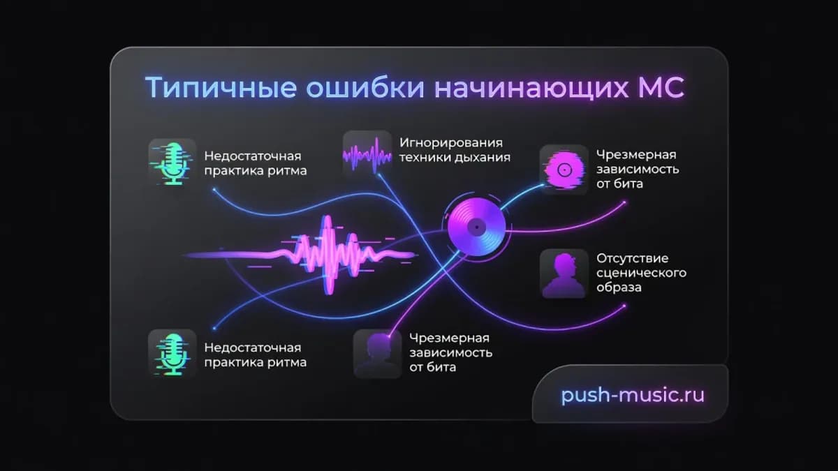 Типичные ошибки начинающих MC: слабая практика ритма, игнорирование техники дыхания, зависимость от бита, отсутствие сценического образа