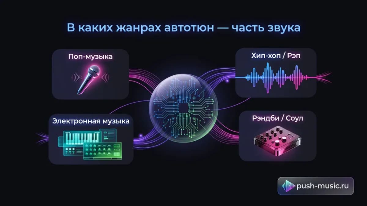 В каких жанрах автотюн — часть звука: поп-музыка, хип-хоп и рэп, электронная музыка, ритм-н-блюз и соул