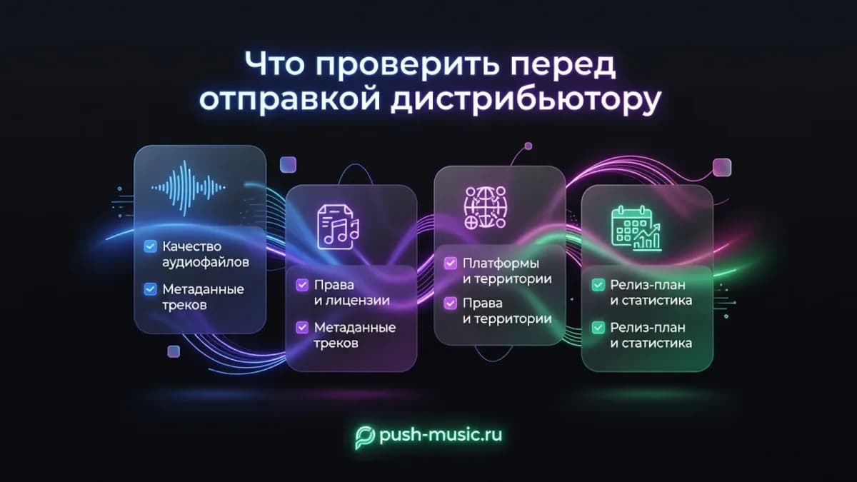 Что проверить перед отправкой дистрибьютору: качество аудиофайлов, метаданные, права и лицензии, платформы и территории, релиз-план