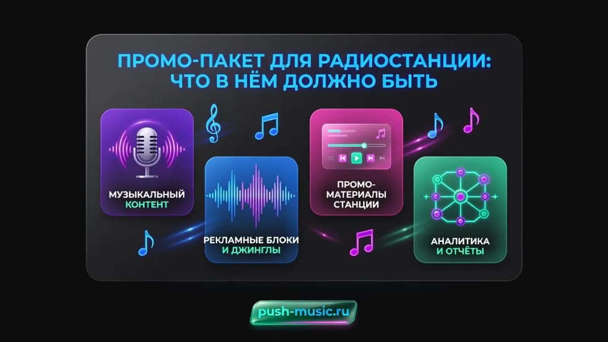 Промо-пакет для радиостанции: музыкальный контент, рекламные блоки и джинглы, промо-материалы, аналитика и отчёты