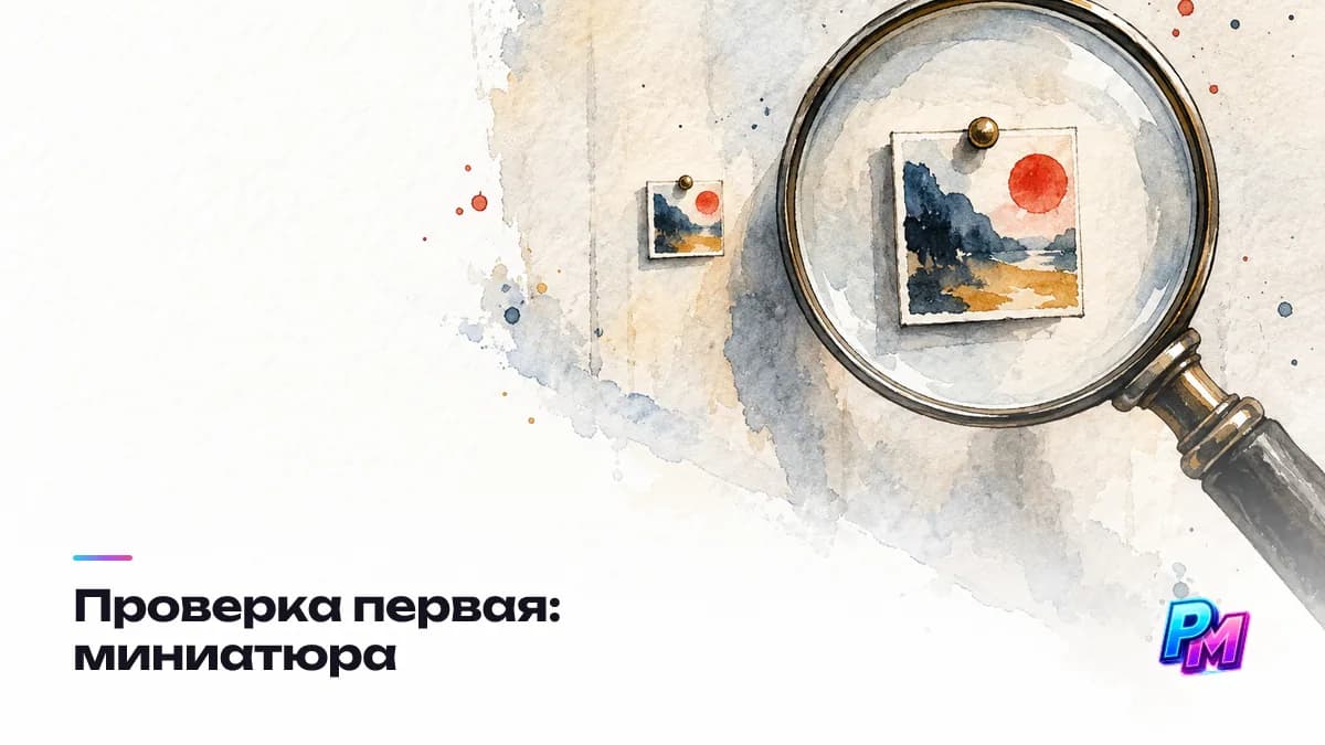Проверка миниатюрой: вариант уменьшают до 50–100 пикселей и смотрят с расстояния вытянутой руки — мелкие детали превращаются в шум, тонкий шрифт в серую полосу