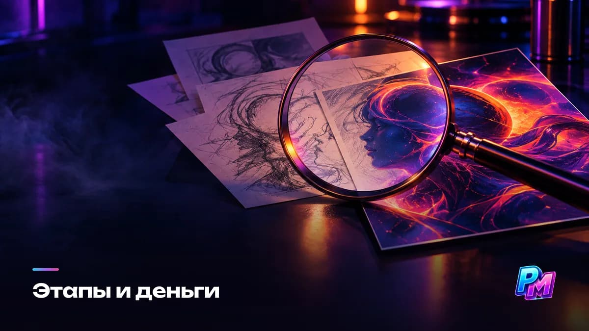 Этапы и деньги: концепцию меняют на эскизе, на отрисовке — только уточнения, переделка готовой работы стоит как новая, предоплата в половину — норма