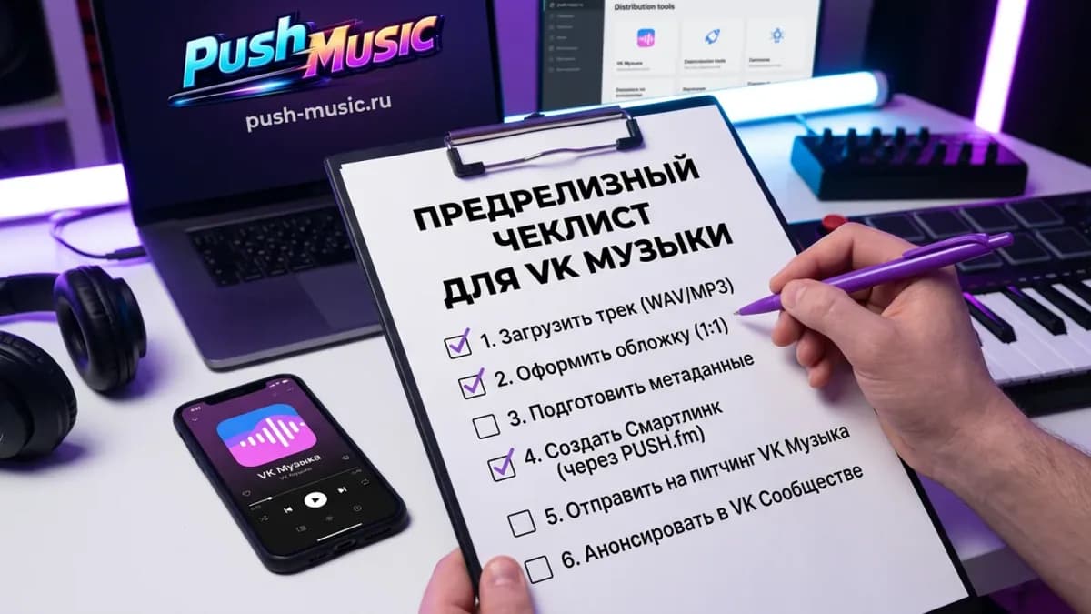 Предрелизный чеклист для VK Музыки: загрузка трека, обложка, метаданные, смартлинк и анонс в сообществе