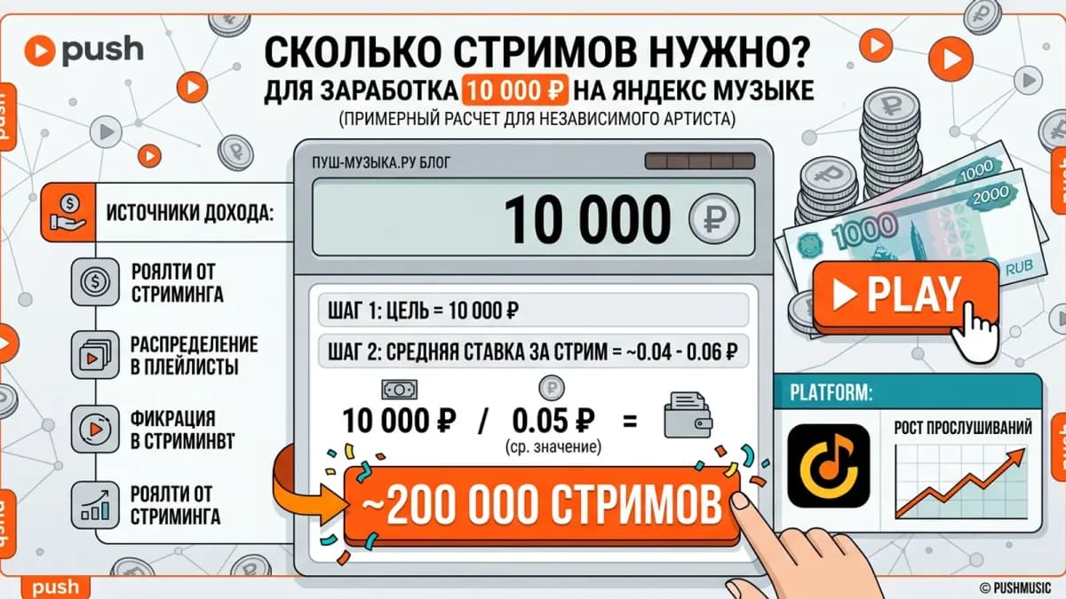 Сколько стримов нужно, чтобы заработать 10 000 ₽ на Яндекс Музыке: примерный расчёт около 200 000 прослушиваний