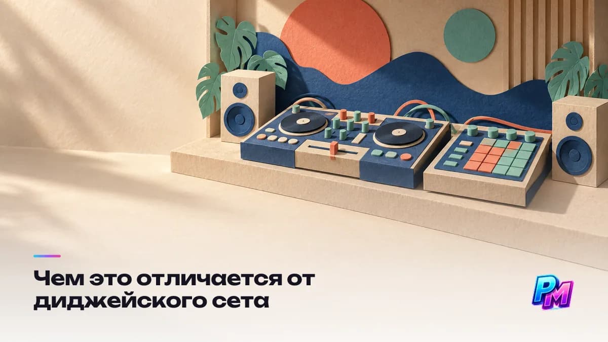 Чем живой сет отличается от диджейского: там чужие готовые треки и работа с переходами, здесь свой материал, разложенный на слои, исполнение и вариативность
