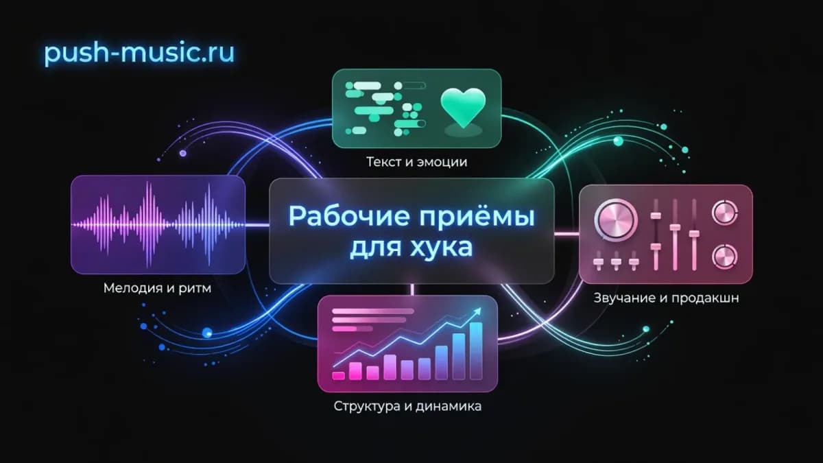 Рабочие приёмы для хука: мелодия и ритм, текст и эмоции, структура и динамика, звучание и продакшн Рабочие приёмы для хука: мелодия и ритм, текст и эмоции, структура и динамика, звучание и продакшн