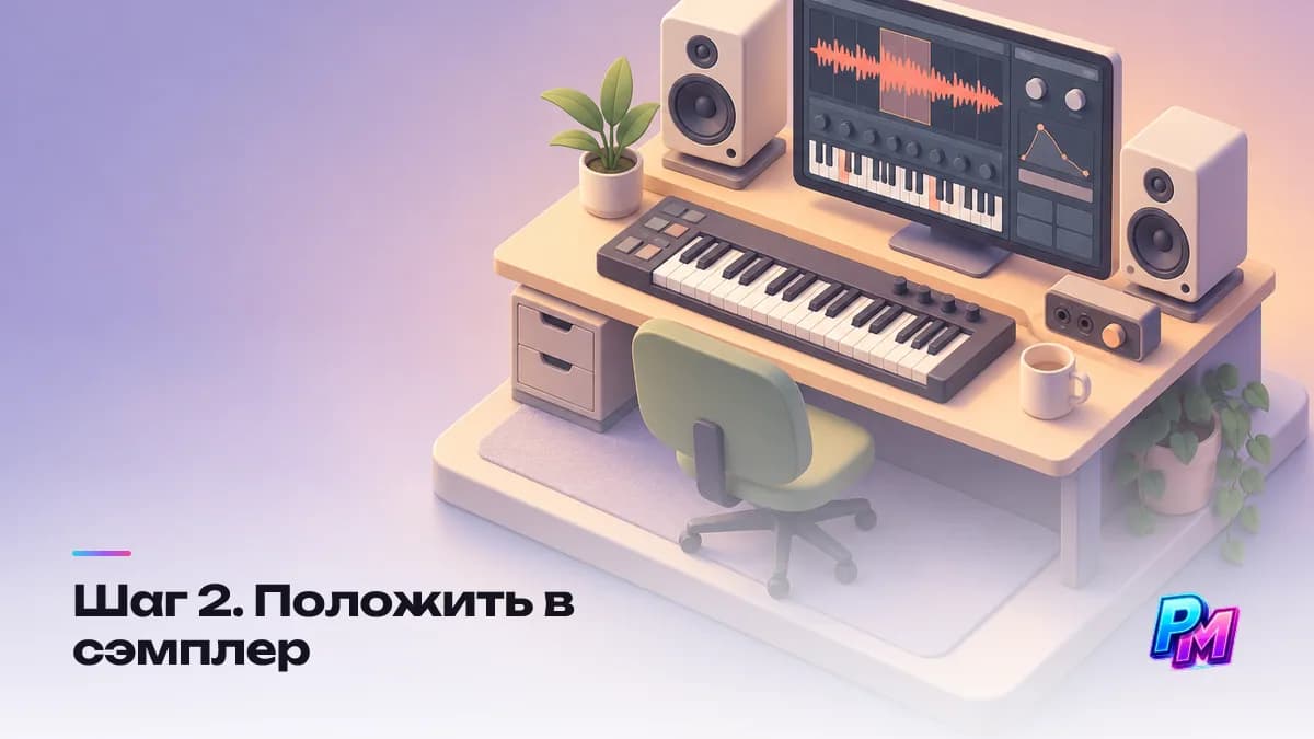 Фрагмент грузят в штатный сэмплер, указывают исходную ноту, зацикливают середину ради длинных нот и настраивают огибающую: короткая атака, средний спад, отпускание под темп трека Фрагмент грузят в штатный сэмплер, указывают исходную ноту, зацикливают середину ради длинных нот и настраивают огибающую: короткая атака, средний спад, отпускание под темп трека