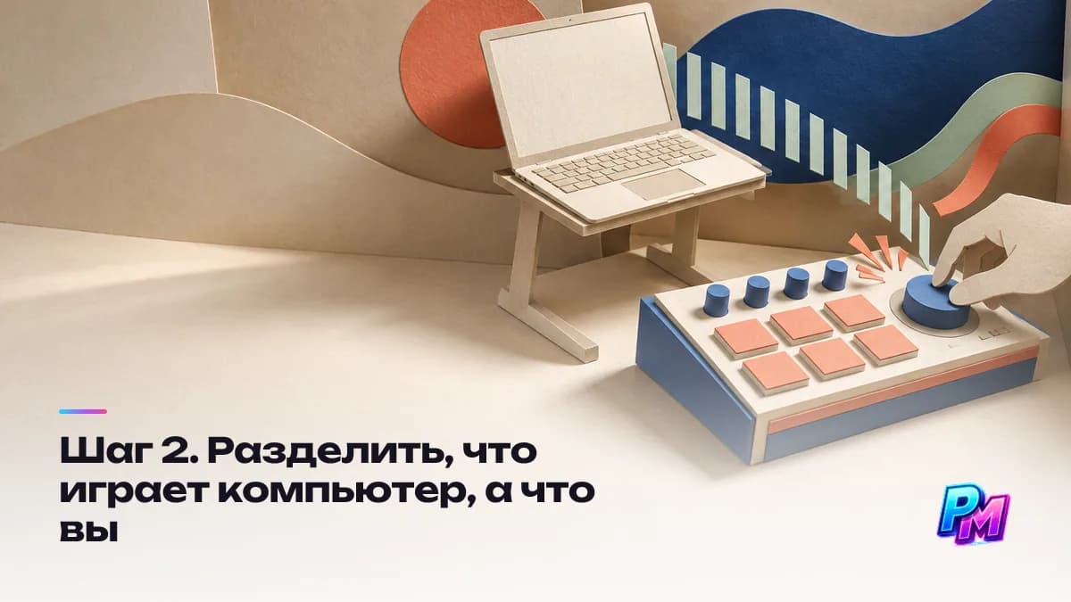 Разделить, что играет компьютер, а что вы: компьютеру — барабаны, бас и тайм-код, рукам — фильтры, запуск частей, синтезатор и эффекты на переходах Разделить, что играет компьютер, а что вы: компьютеру — барабаны, бас и тайм-код, рукам — фильтры, запуск частей, синтезатор и эффекты на переходах